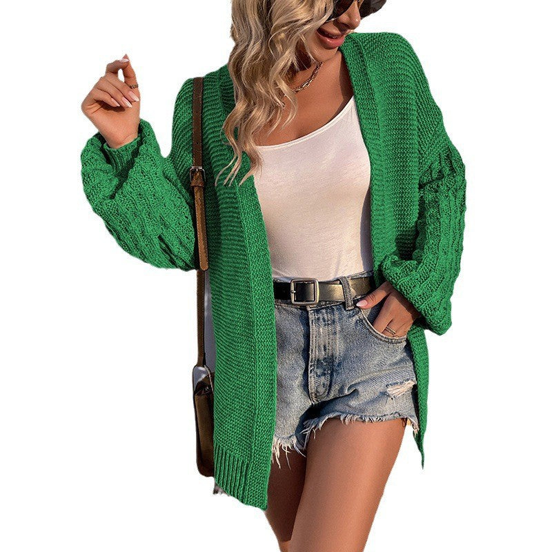 Chunky Cable Knit Open Cardigan - Green