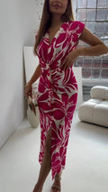 Twist Front Leaf Print Midi Dress - Rose