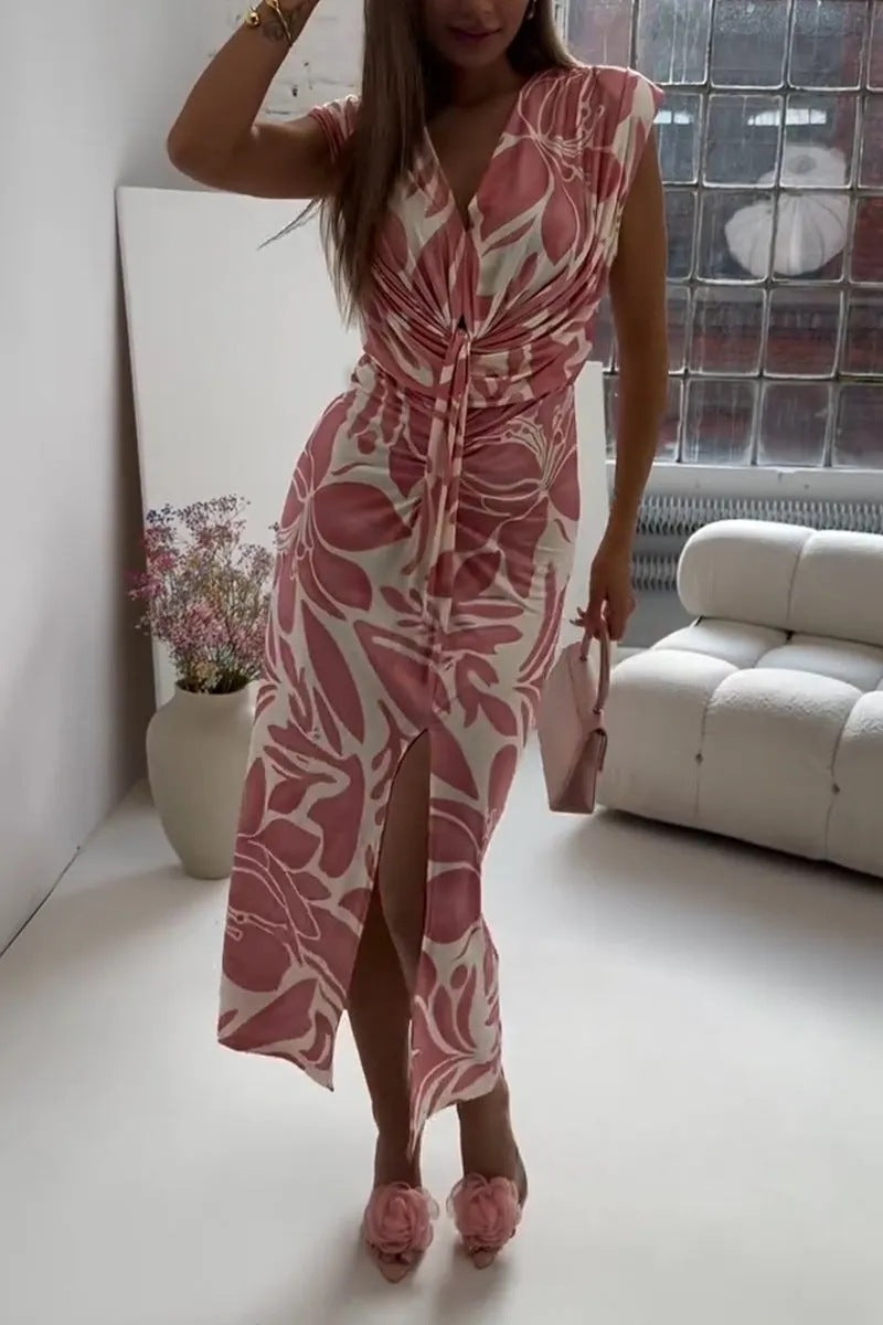 Twist Front Leaf Print Midi Dress