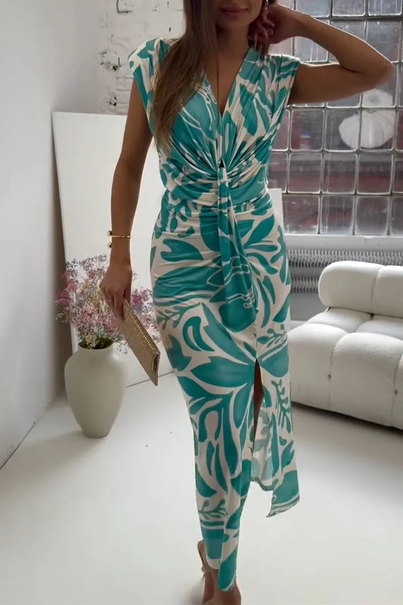 Twist Front Leaf Print Midi Dress - green