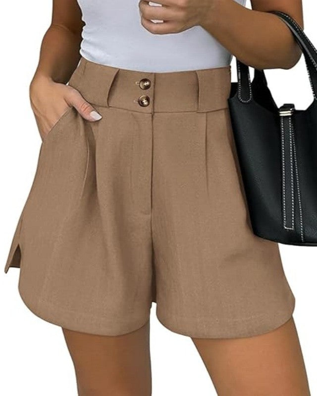 Pleated High Waist Tailored Shorts - Khaki