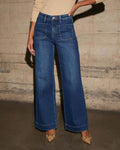 High Rise Patch Pocket Wide Straight Leg Jeans - Dark Blue