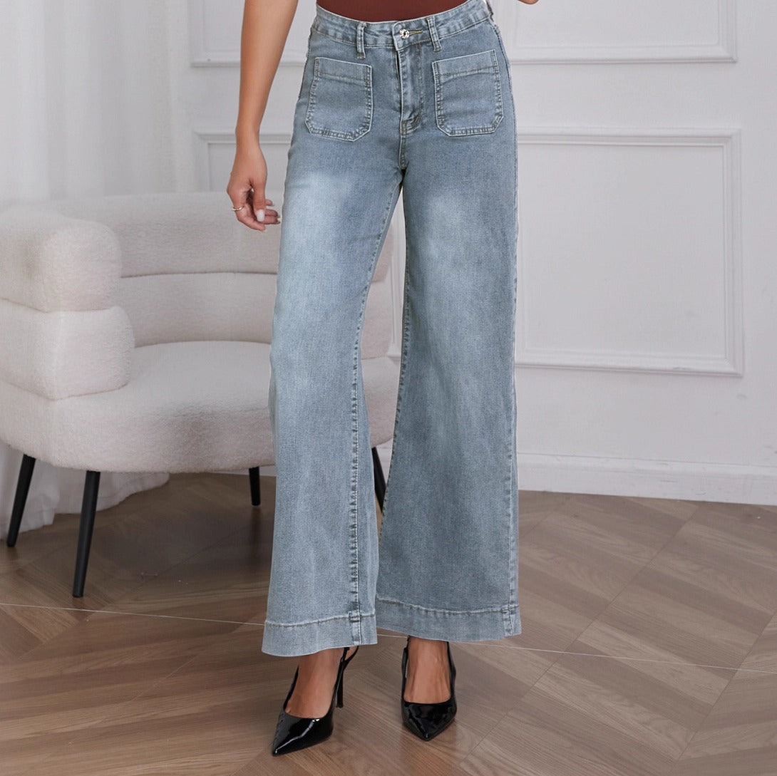 High Rise Patch Pocket Wide Straight Leg Jeans