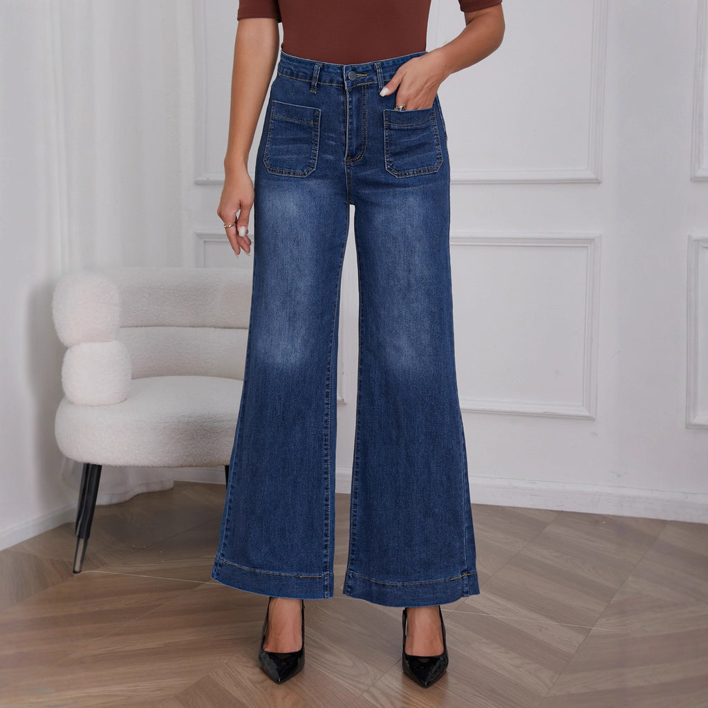 High Rise Patch Pocket Wide Straight Leg Jeans