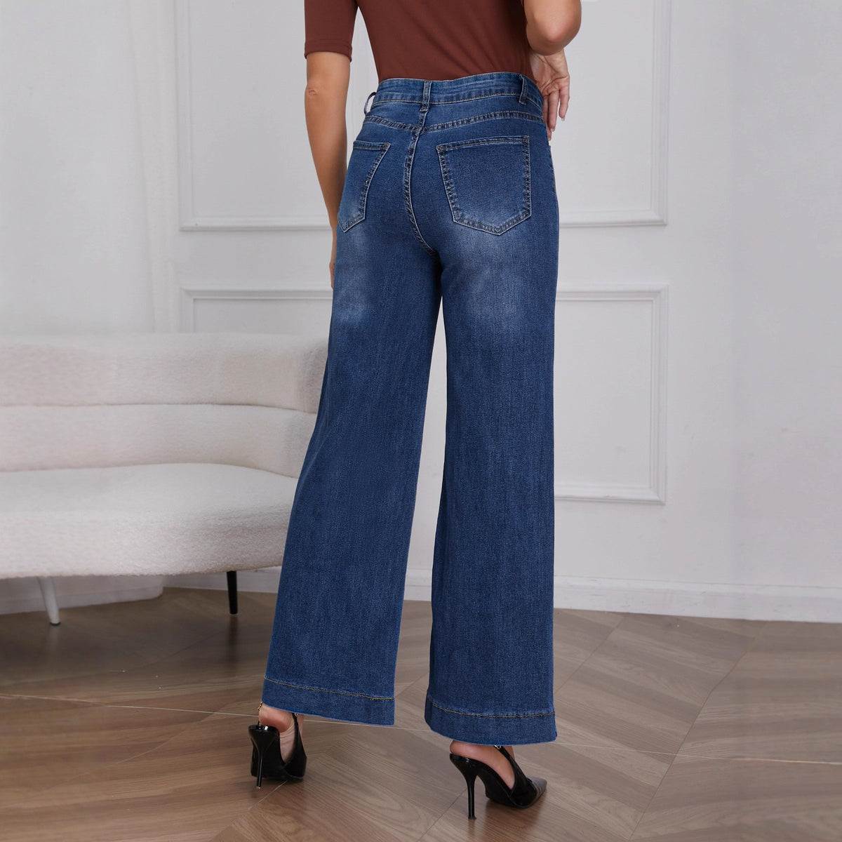 High Rise Patch Pocket Wide Straight Leg Jeans