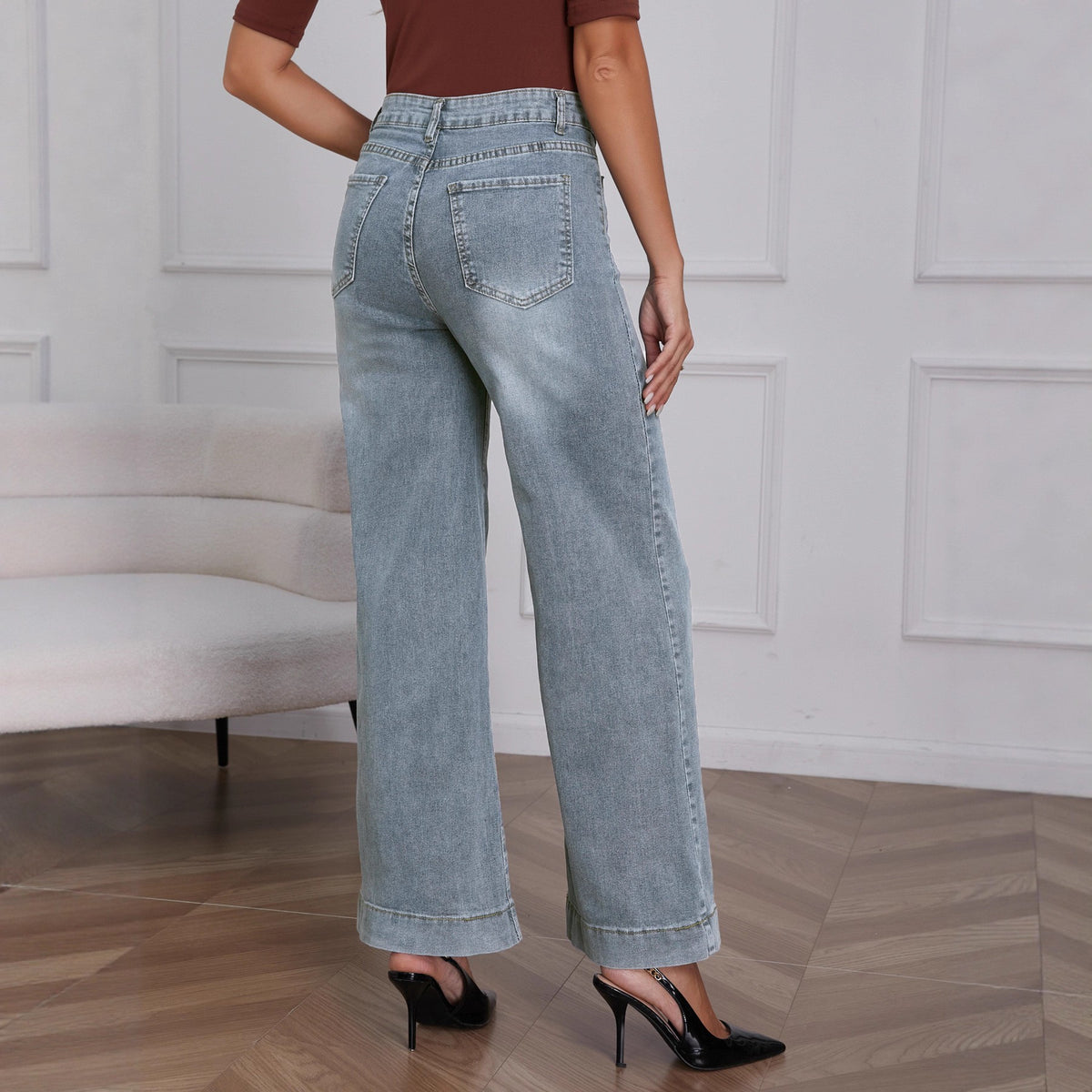 High Rise Patch Pocket Wide Straight Leg Jeans