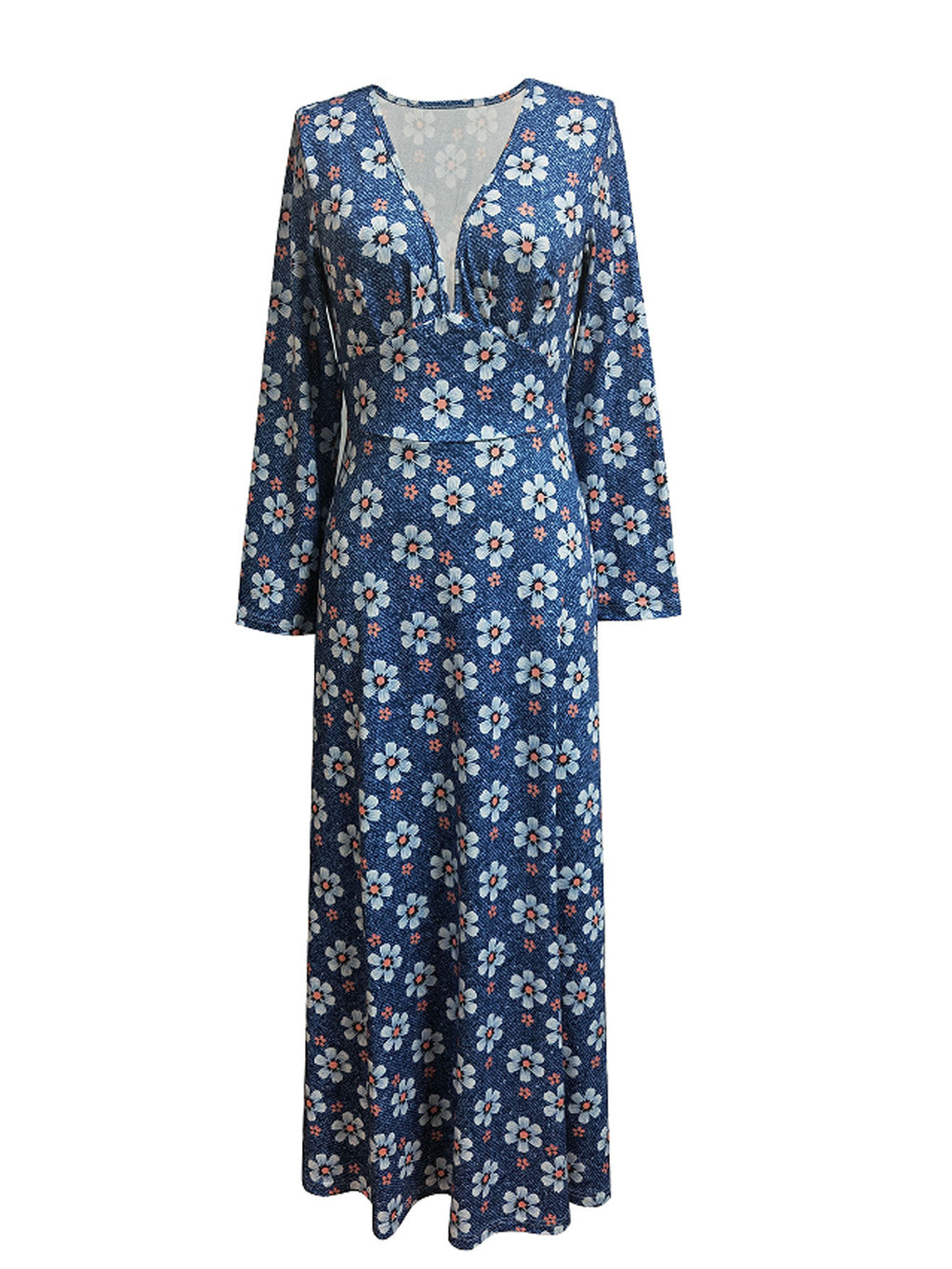 Ditsy Daisy Print V Neck Maxi Dress - Blue