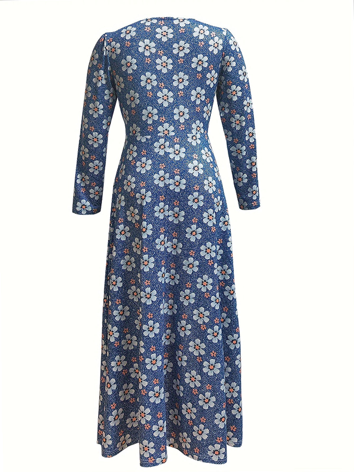 Ditsy Daisy Print V Neck Maxi Dress - Blue - 1