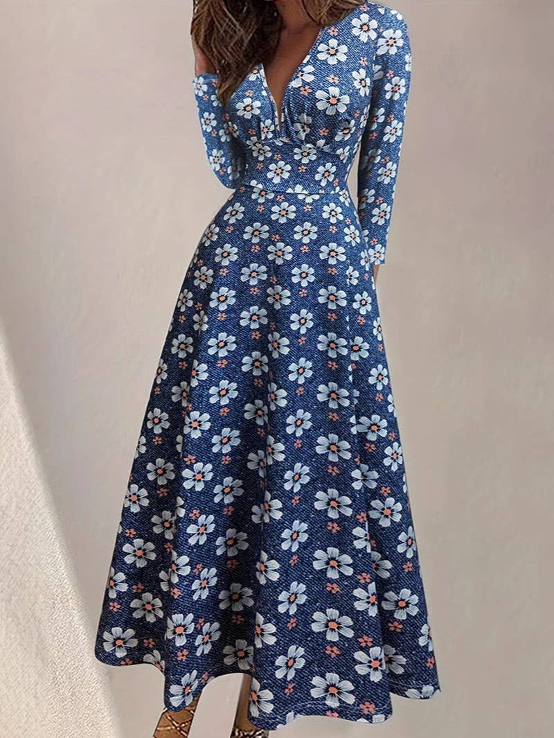 Ditsy Daisy Print V Neck Maxi Dress
