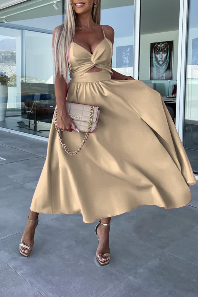 Twist Front Cutout Midi Dress With Slit - Beige