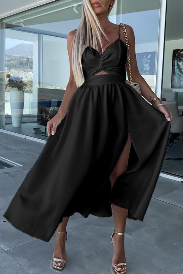 Twist Front Cutout Midi Dress With Slit - Black - 2