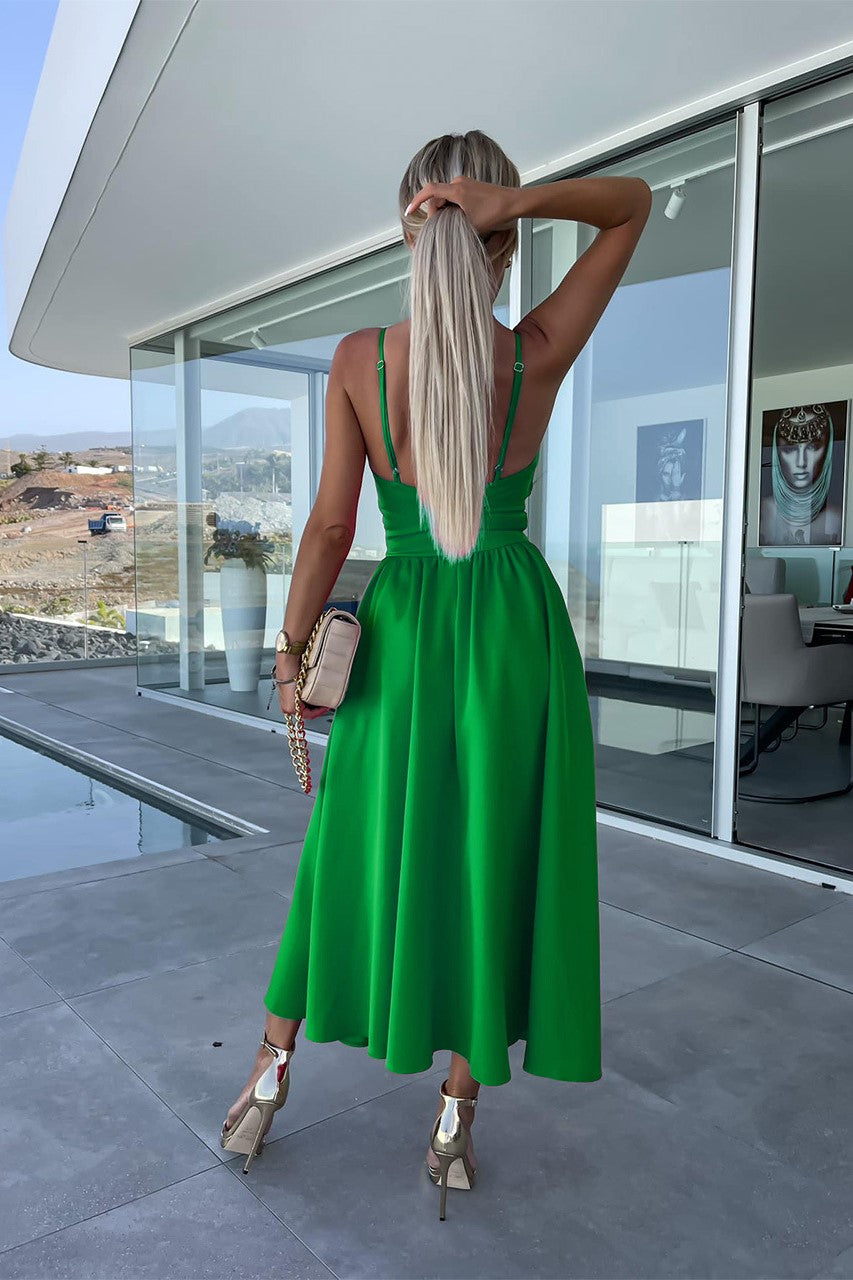 Twist Front Cutout Midi Dress With Slit - Green - 1
