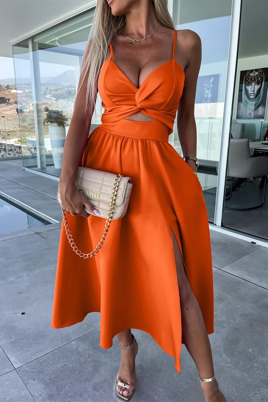 Twist Front Cutout Midi Dress With Slit - Orange