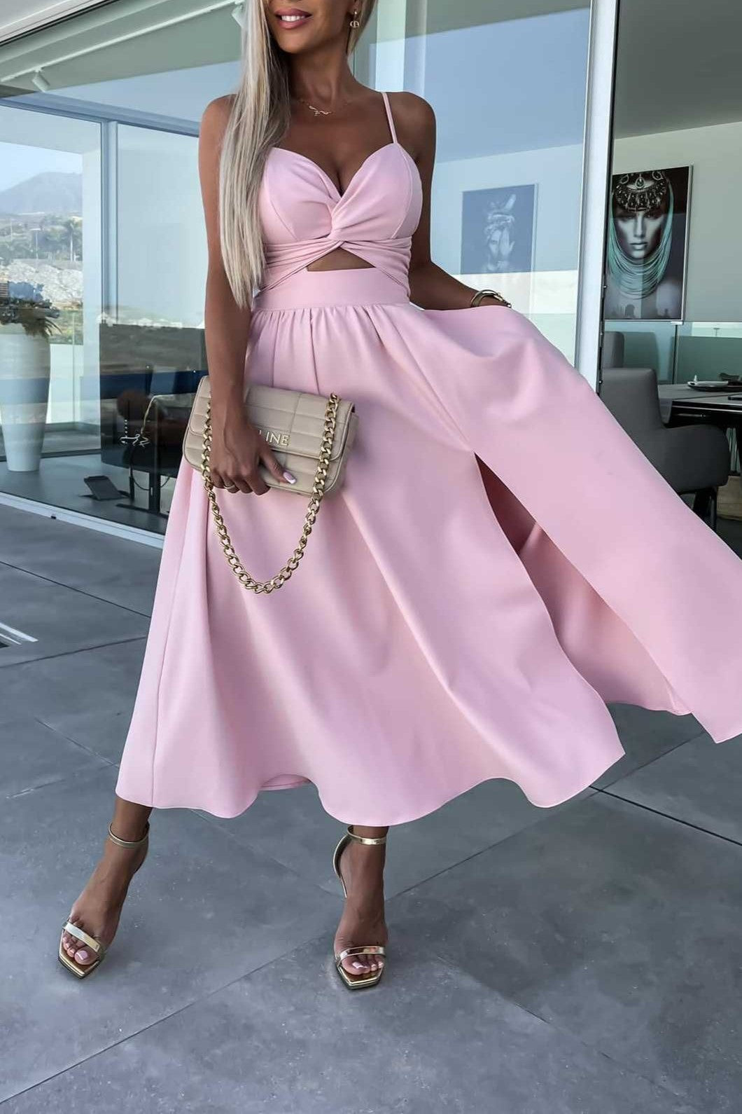 Twist Front Cutout Midi Dress With Slit - Pink