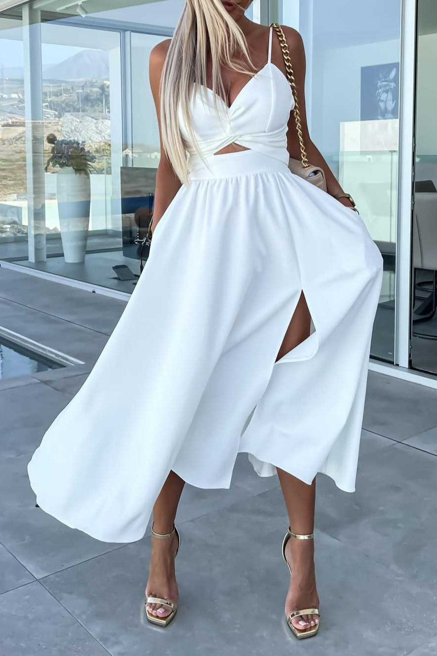 Twist Front Cutout Midi Dress With Slit - White