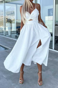 Twist Front Cutout Midi Dress With Slit - White