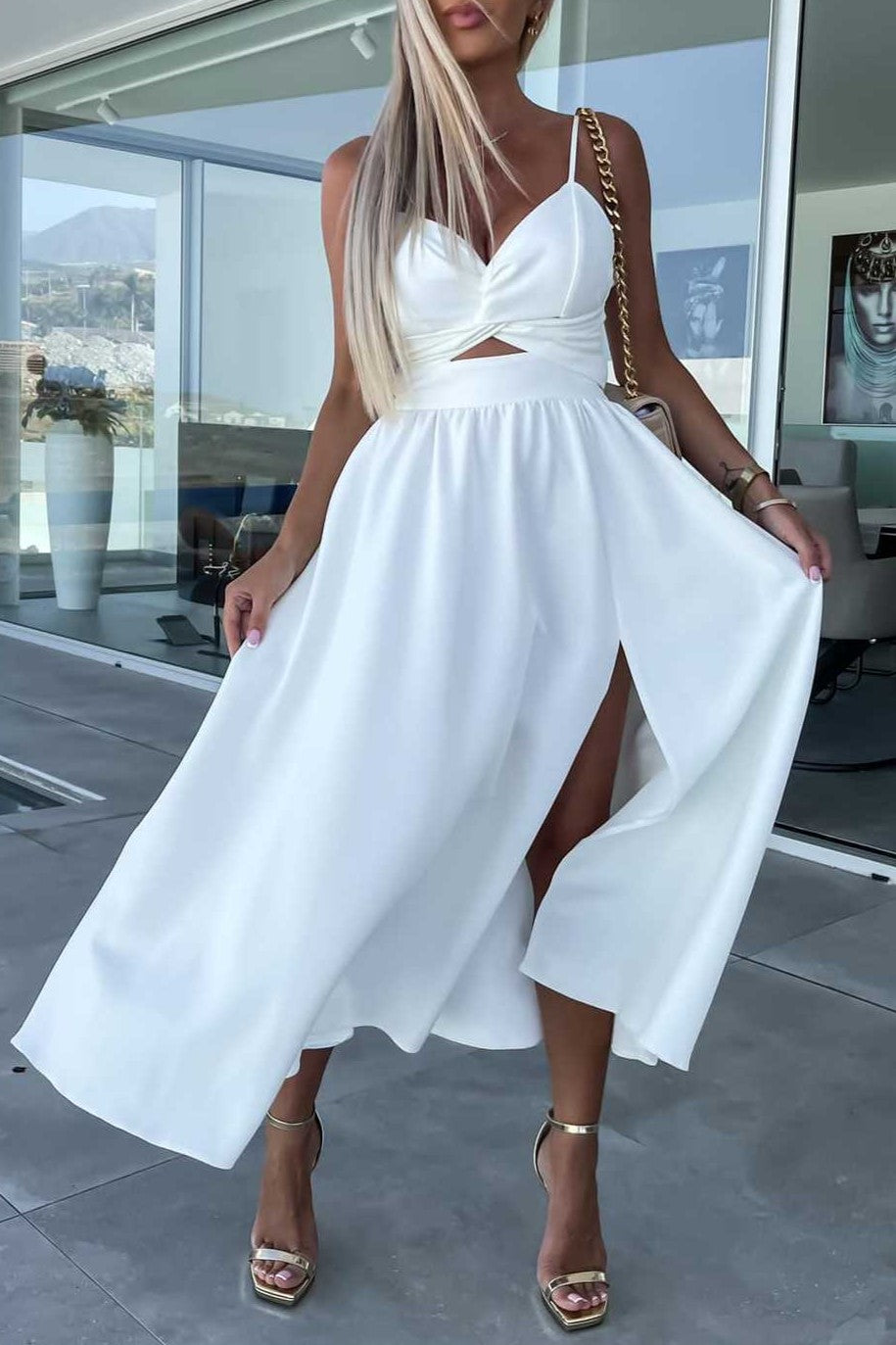 Twist Front Cutout Midi Dress With Slit - White - 1