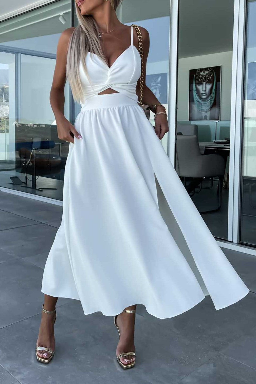 Twist Front Cutout Midi Dress With Slit - White - 2