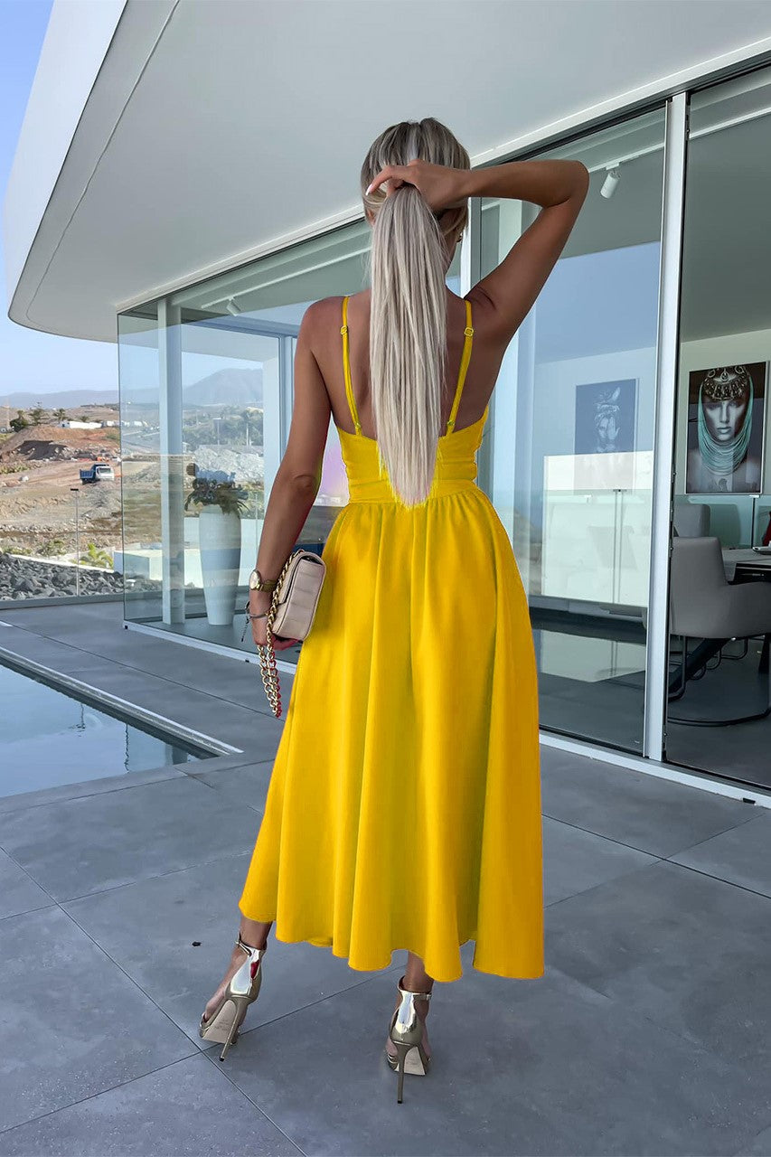 Twist Front Cutout Midi Dress With Slit - Yellow - 1