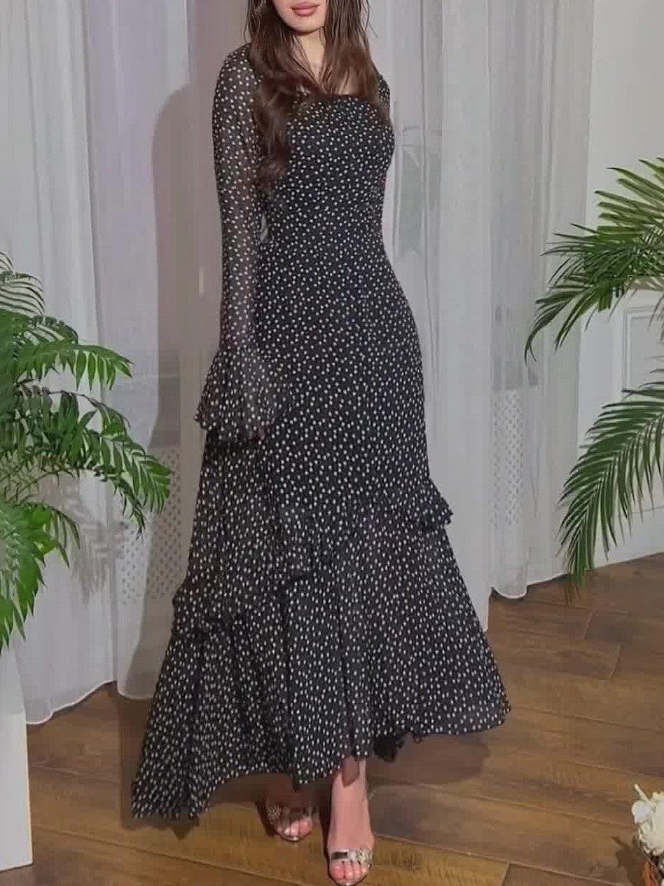 Polka Dot Tiered Ruffle Hem Maxi Dress - Black