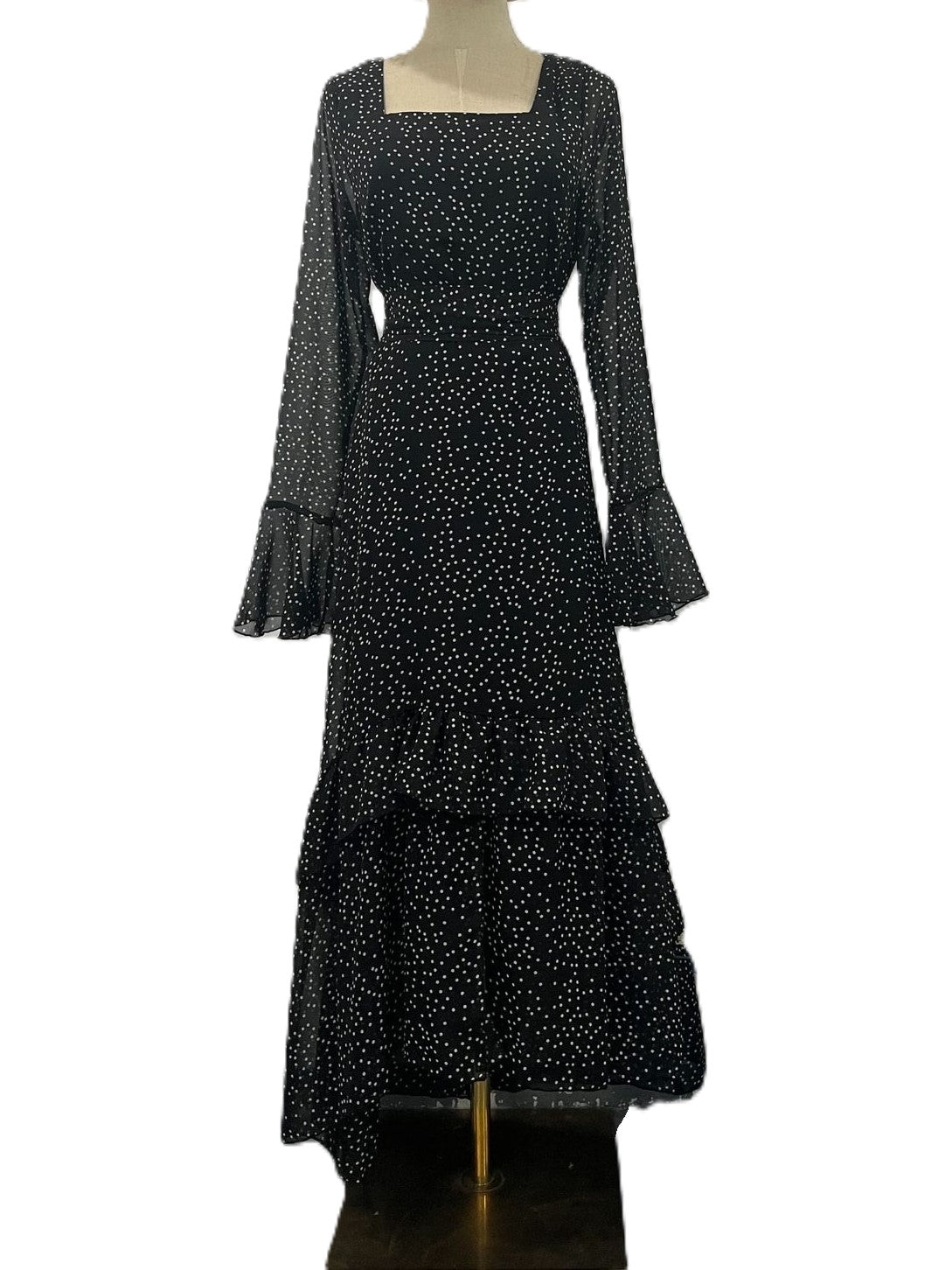 Polka Dot Tiered Ruffle Hem Maxi Dress - Black - 1
