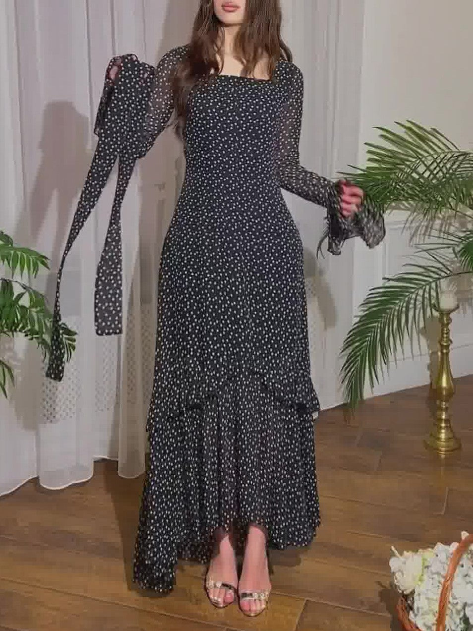 Polka Dot Tiered Ruffle Hem Maxi Dress - Black - 3