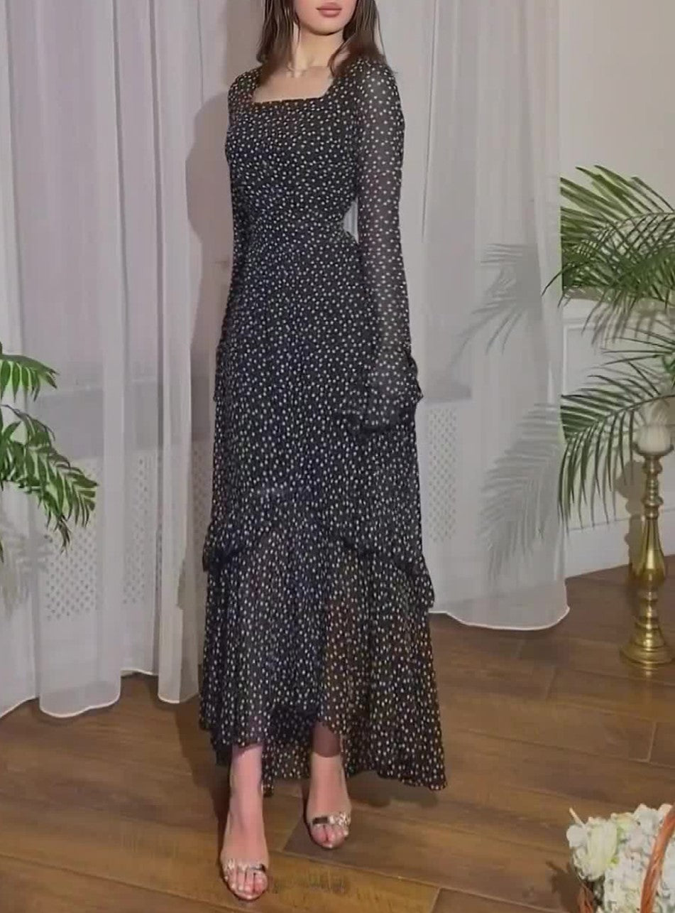 Polka Dot Tiered Ruffle Hem Maxi Dress - Black - 4
