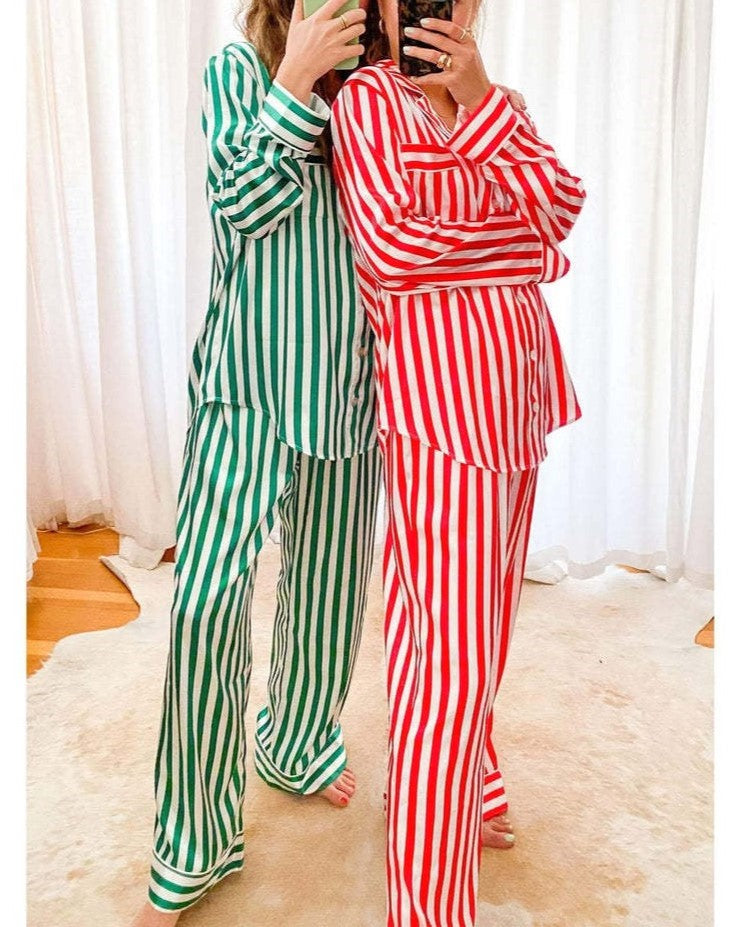 Candy Stripe Satin Pajama Set - Green