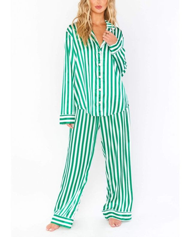 Candy Stripe Satin Pajama Set - Green - 1