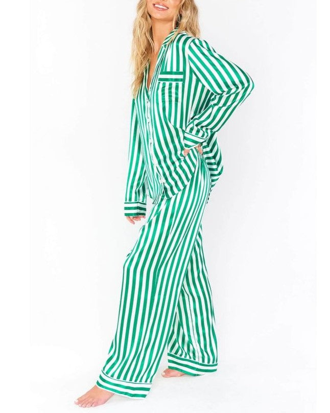 Candy Stripe Satin Pajama Set - Green - 2