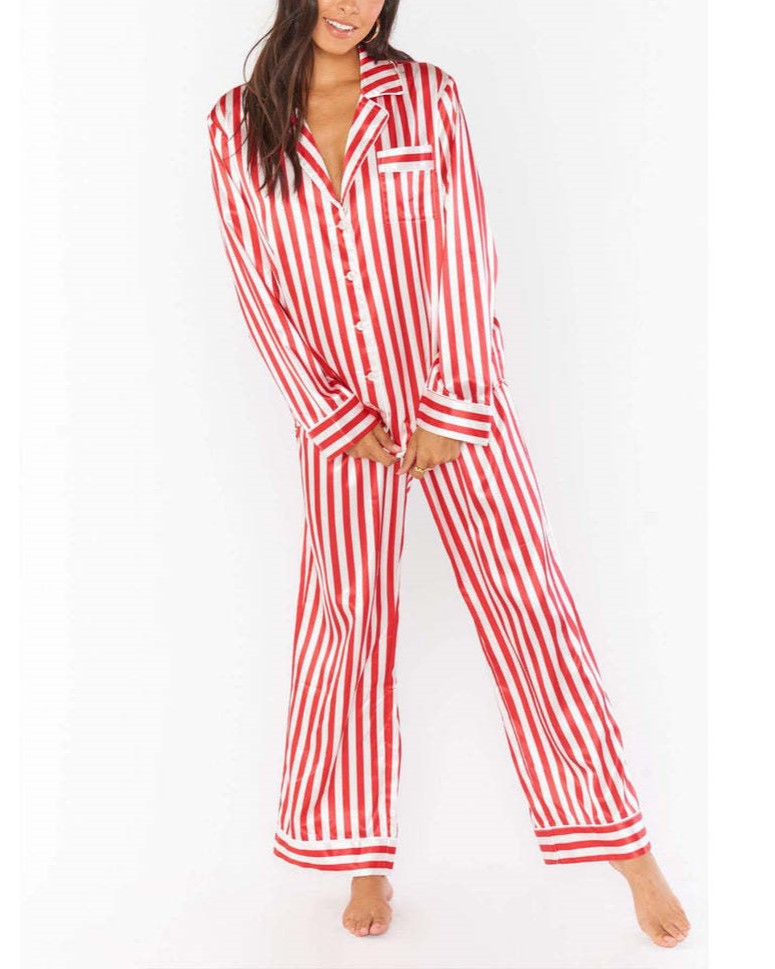 Candy Stripe Satin Pajama Set - Red