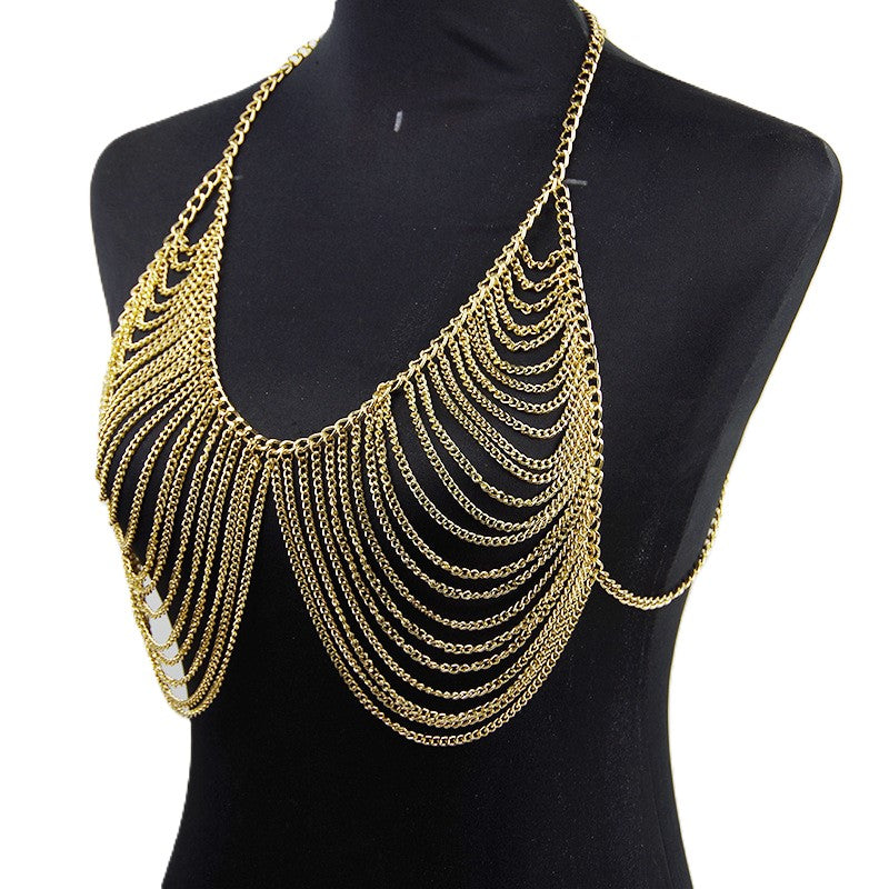 Draped Chain Tassel Bralette Body Chain - Gold