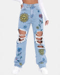 Distressed Straight Leg Jeans With Floral Print - Blue