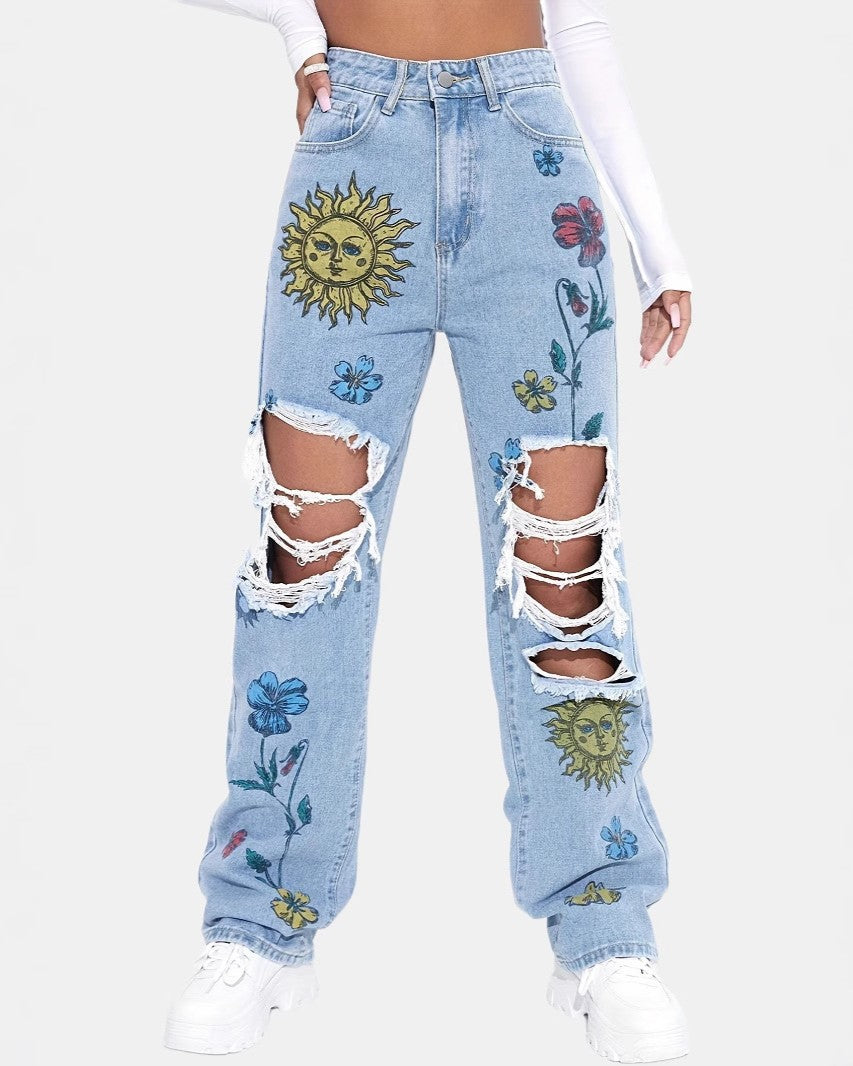 Distressed Straight Leg Jeans With Floral Print - Blue