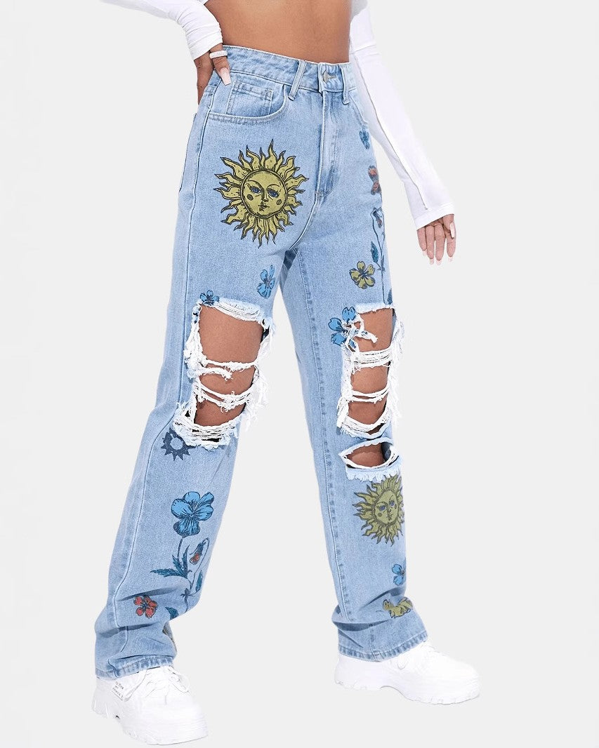 Distressed Straight Leg Jeans With Floral Print - Blue - 1