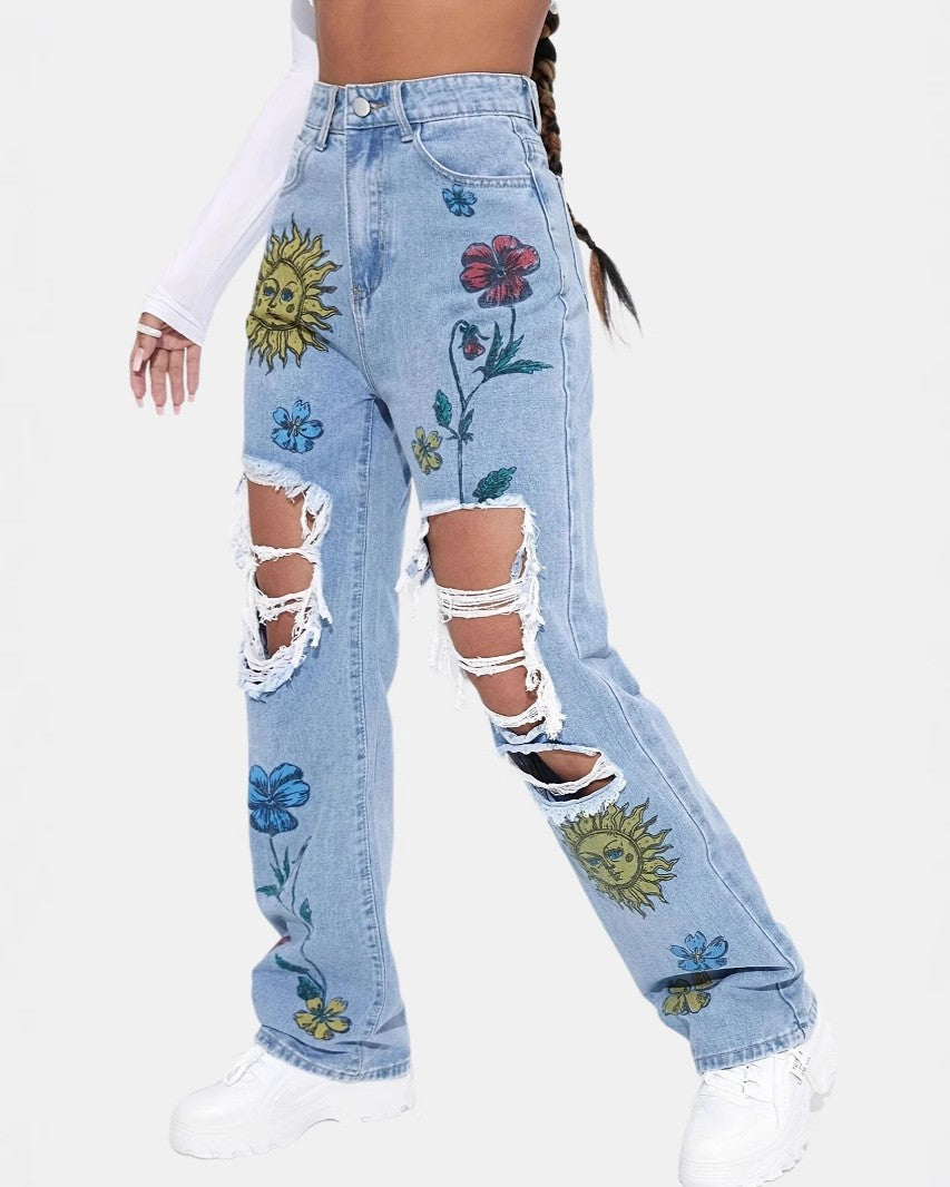 Distressed Straight Leg Jeans With Floral Print - Blue - 2