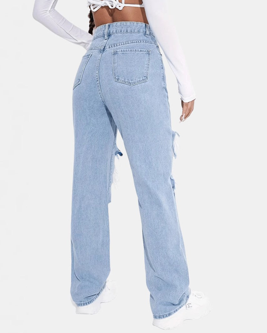 Distressed Straight Leg Jeans With Floral Print - Blue - 3