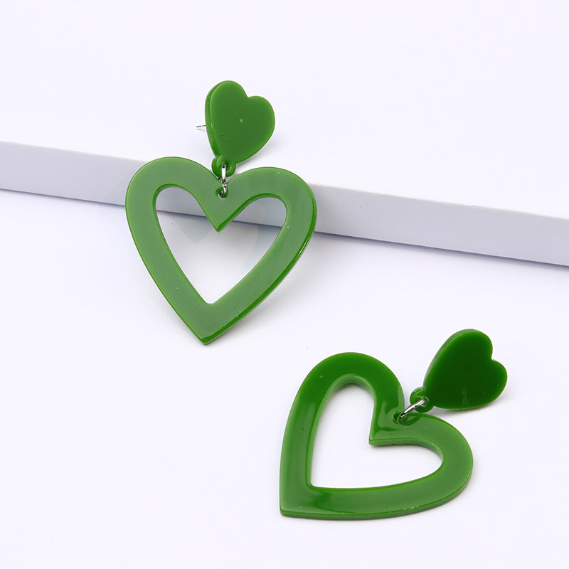 Open Heart Outline Stud Earrings - Green