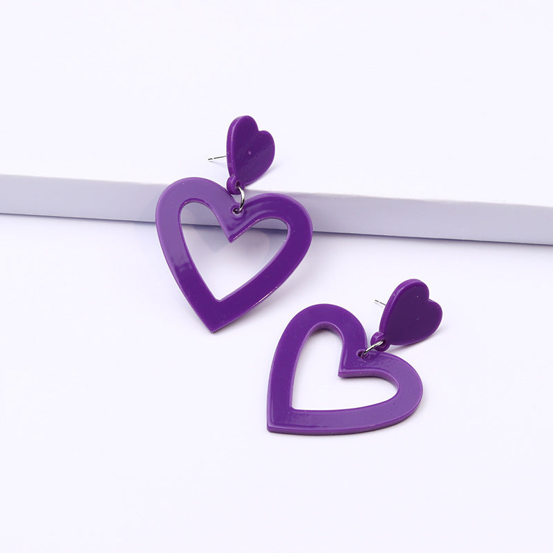 Open Heart Outline Stud Earrings - Purple