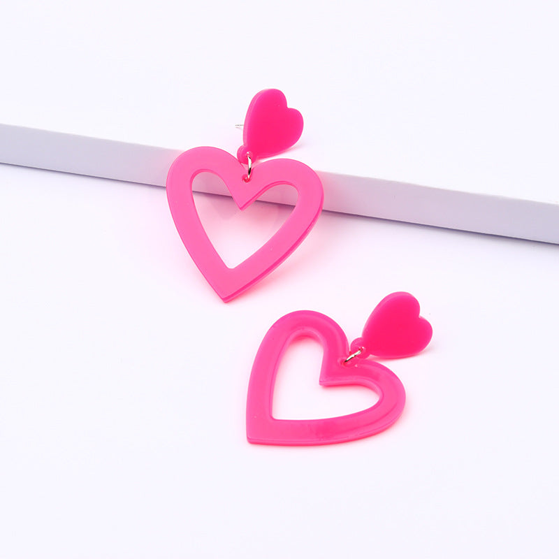 Open Heart Outline Stud Earrings - Red