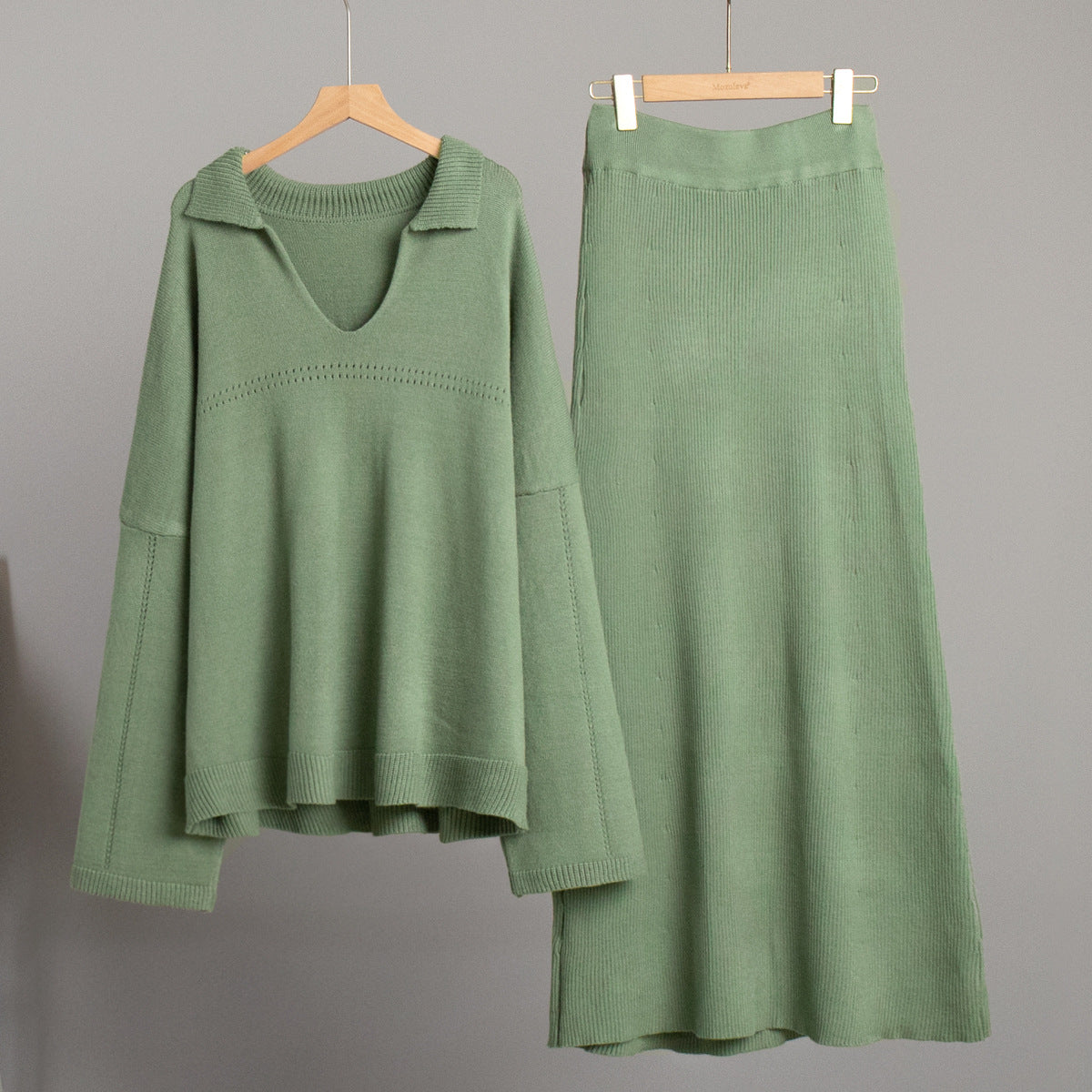Split Neck Knit Top And Maxi Skirt Set - Green