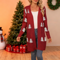 Pine Tree Jacquard Longline Knit Cardigan - Red