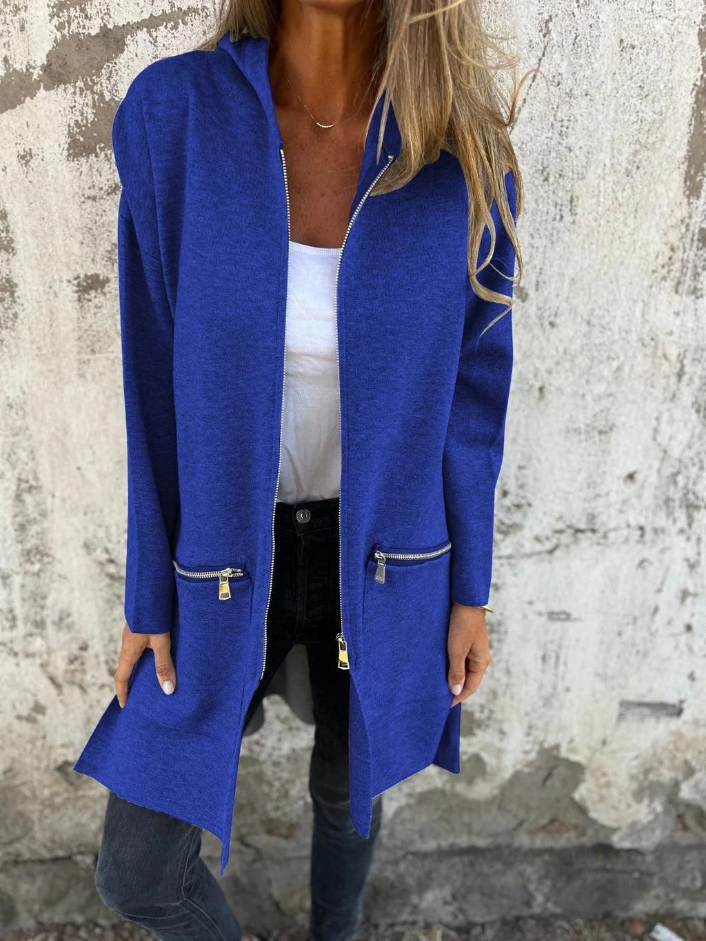 Longline Hooded Zip Up Knit Jacket - Blue