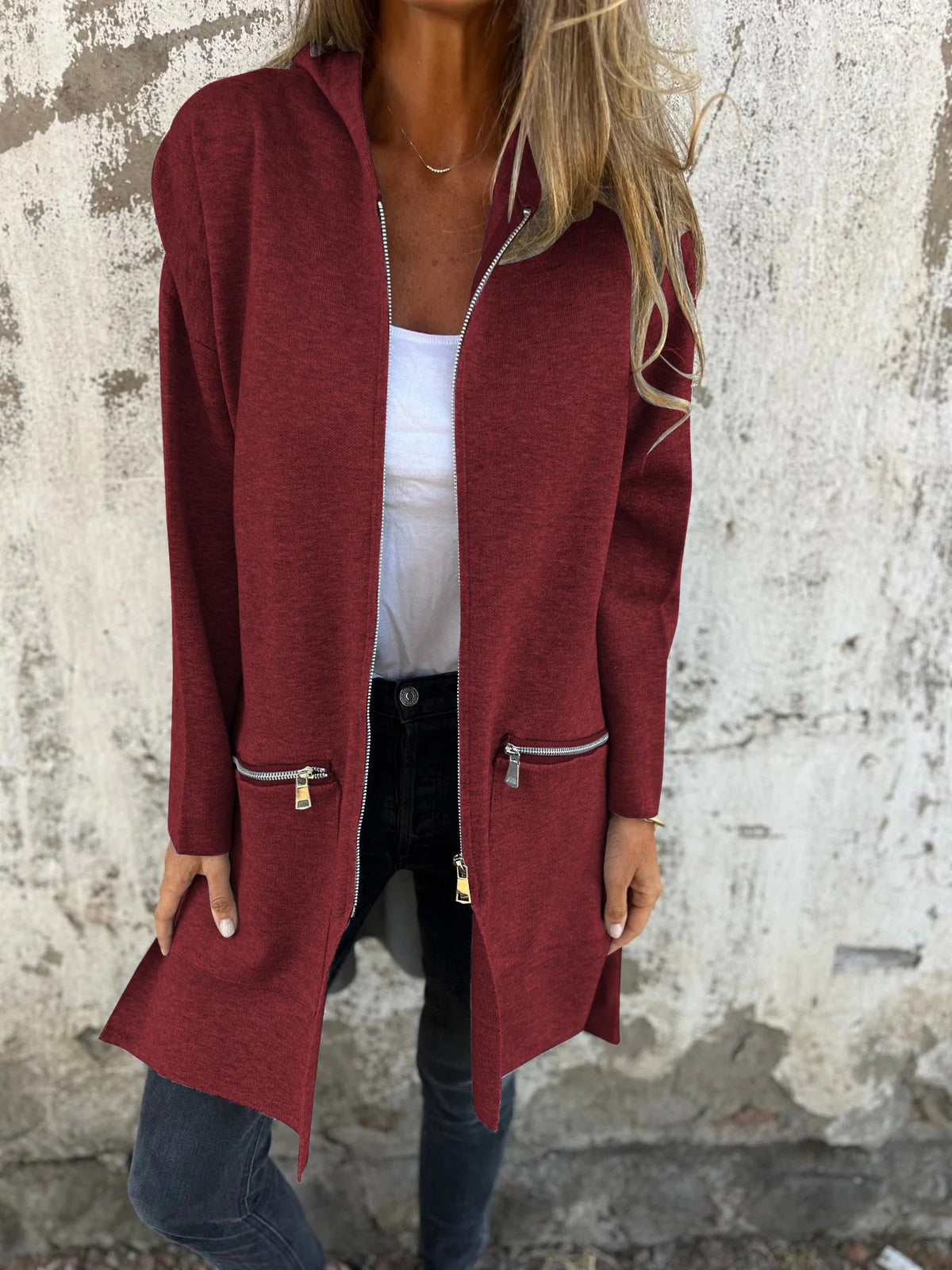 Longline Hooded Zip Up Knit Jacket - Burgundy
