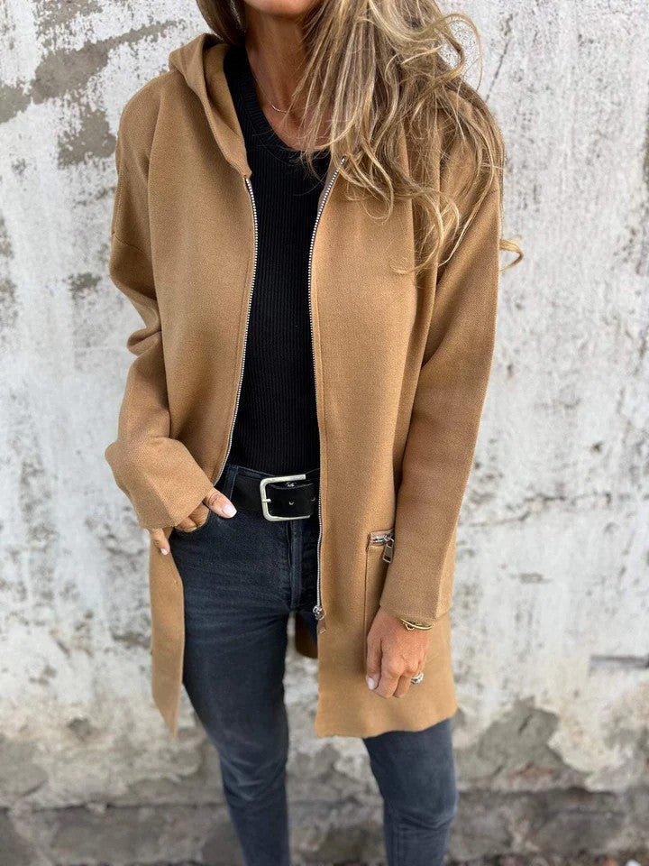 Longline Hooded Zip Up Knit Jacket - Camel