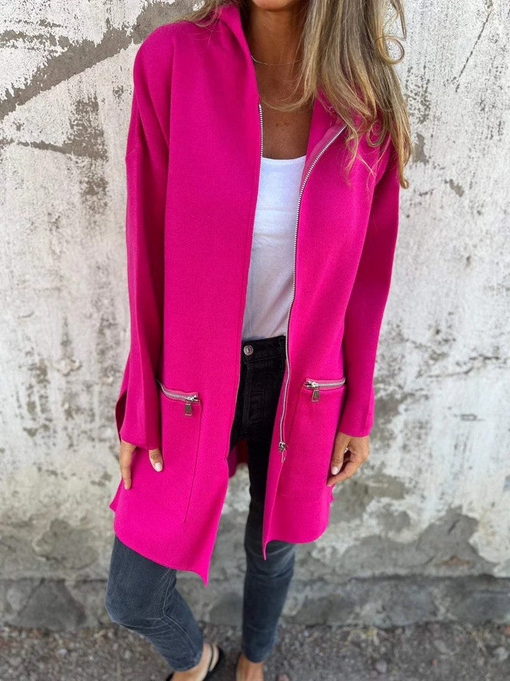 Longline Hooded Zip Up Knit Jacket - Fuchsia