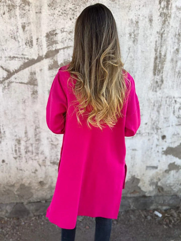 Longline Hooded Zip Up Knit Jacket - Fuchsia - 1