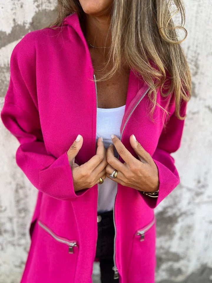 Longline Hooded Zip Up Knit Jacket - Fuchsia - 2