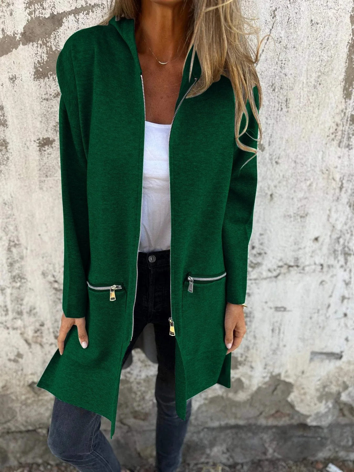 Longline Hooded Zip Up Knit Jacket - Green