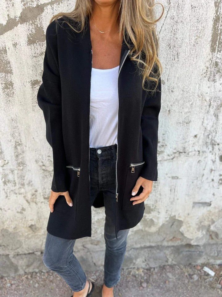 Longline Hooded Zip Up Knit Jacket - black